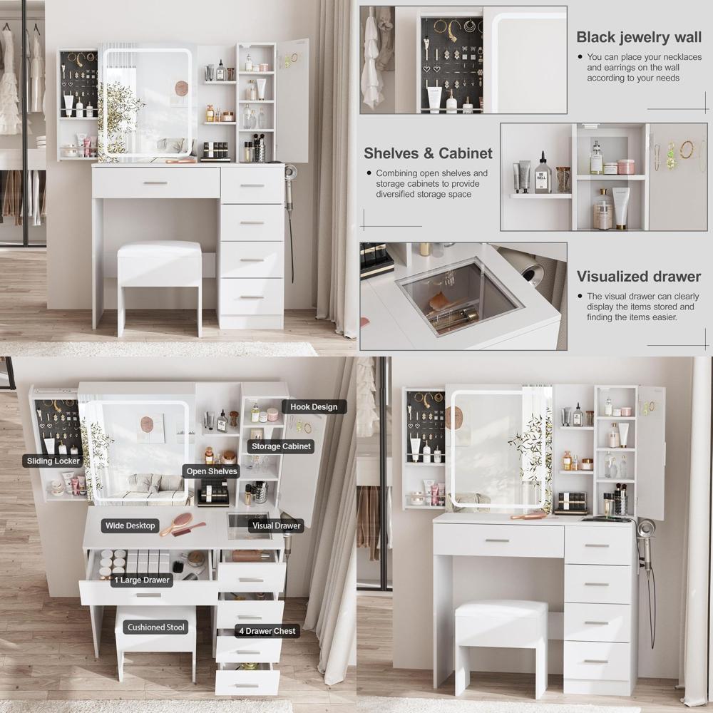 Power Strip Desk - Biała toaletka z lustrem, oświetleniem i